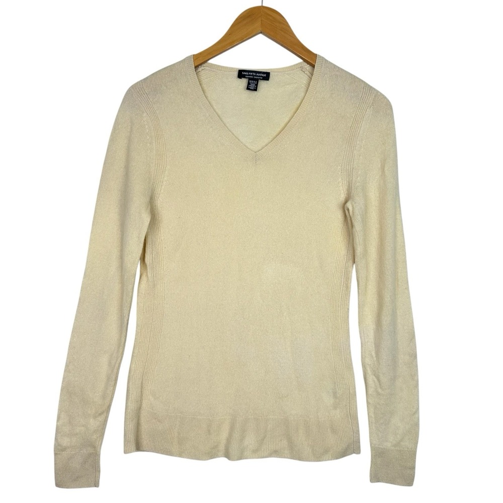 Saks Fifth Avenue Cashmere Sweater Womens S Ivory V Neck 100% Cashmere Knit